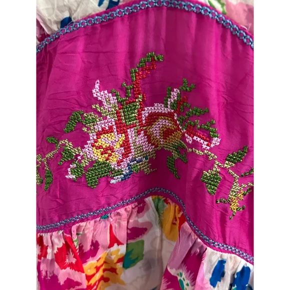 Johnny Was NWT Floral Midi Dress Pink White Embroidered Beaded Size M - Picture 6 of 16